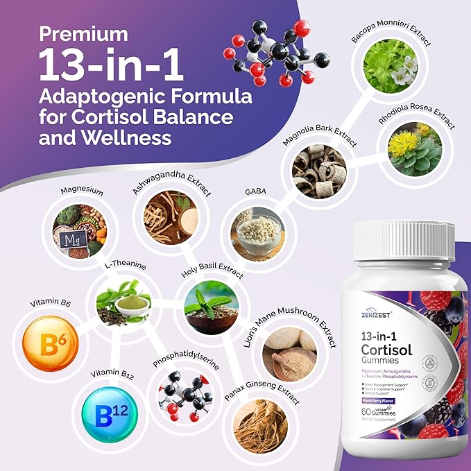 Cortisol Reducer Gummies for Women Men - 13-in-1 Daily Cortisol Detox Manager for Stress Focus Mood & Health Balance Support - Reduce High Cortisol with Ashwagandha Magnesium L-Theanine