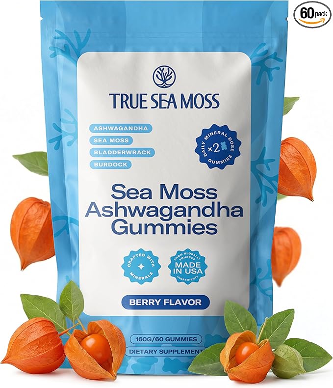 TrueSeaMoss Ashwagandha Gummies for Women & Men – Vegan Formula with Sea Moss, Bladderwrack & Burdock Root – 60 Gummies (Pouch May Vary)