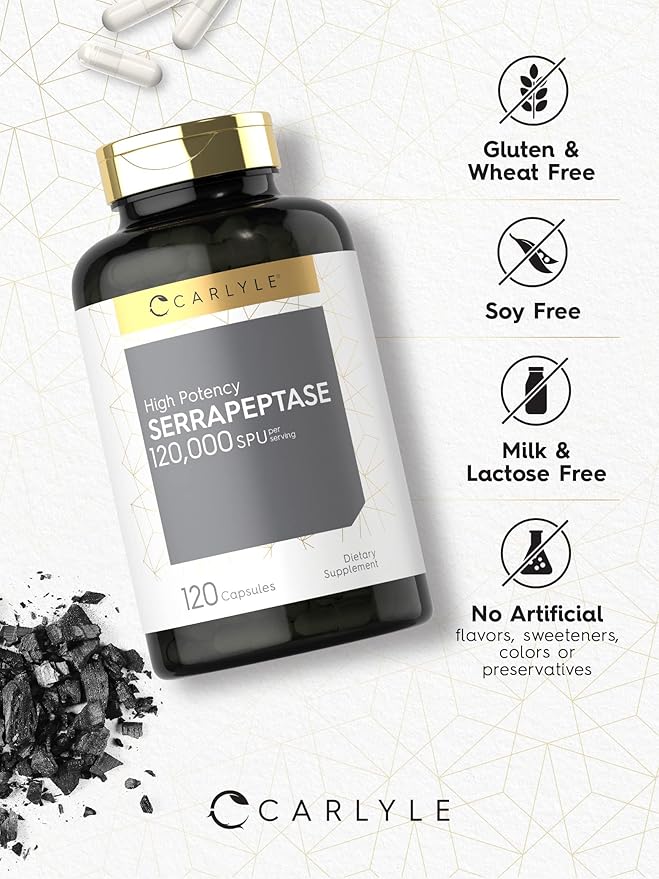 Carlyle Serrapeptase Supplement 120000 SPU | 120 Capsules | High Potency for Women and Men | Non-GMO and Gluten Free