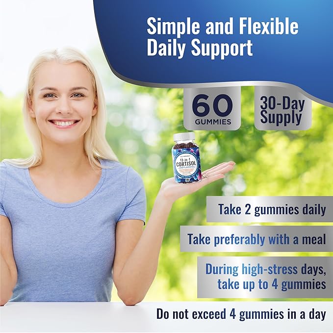 Cortisol Gummies for Women Men - 13-in-1 High Cortisol Reducer with Ashwagandha Magnesium L-theanine Rhodiola Rosea - Daily Cortisol Detox Manager for Stress Focus Support (Pack of 2)