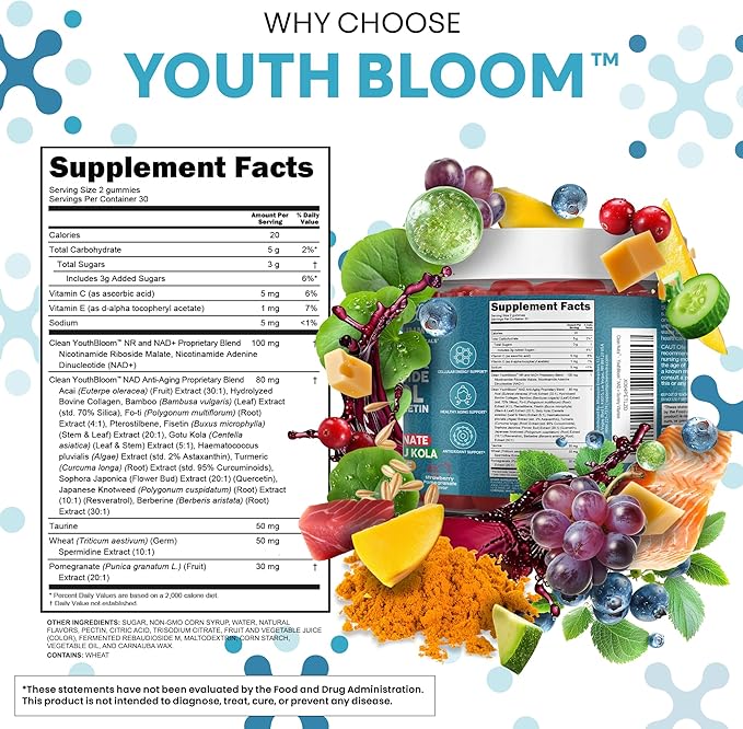 Youth Bloom NAD+ Supplement Gummies Resveratrol Fisetin Wheat Germ Berberine Taurine Turmeric Collagen Astaxanthin Nicotinamide Gotu Kola Pomegranate Vitamin C & E 60 Ct by Clean Nutra