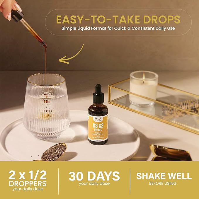 Bella All Natural Vitamin D3 K2 Liquid Drops 5000 IU (Unflavored) - Omega 3 with MCT Oil - Liquid Vitamin D Drops for Adults - This D3 K2 Drops Help Support Heart, Bone & Immune Health