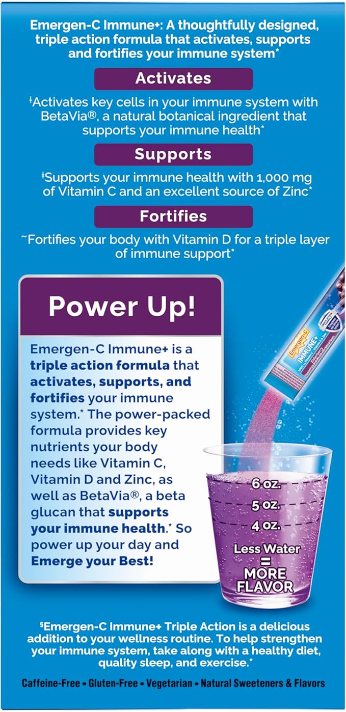 Emergen-C Immune+ Triple Action Immune Support Powder, BetaVia (R), 1000mg Vitamin C, B Vitamins, Vitamin D and Antioxidants, Elderberry – 18 Count