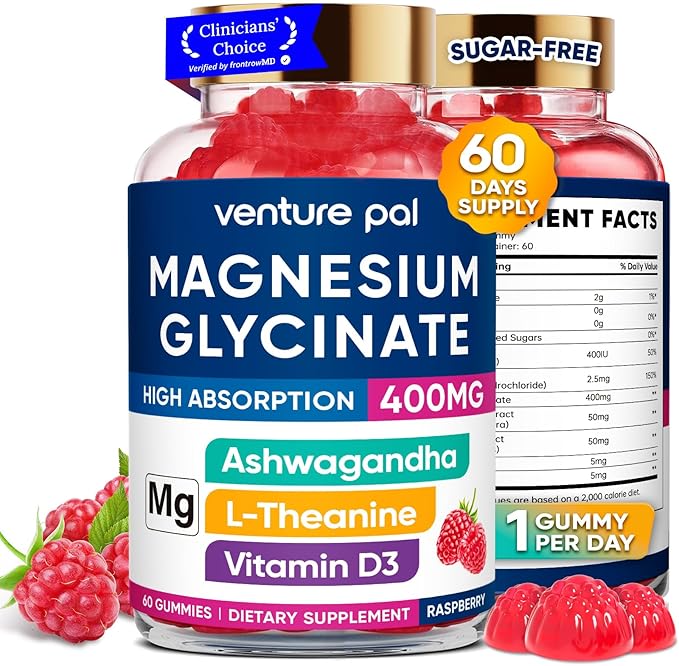 60 Day Supply Magnesium Glycinate 400mg Gummies with Ashwagandha, L-Theanine, CoQ10, Vitamin D3 & B6, Sugar Free Magnesium Gummies for Adults & Kids, Stress Relief, Sleep & Calm, Vegan, Gluten Free