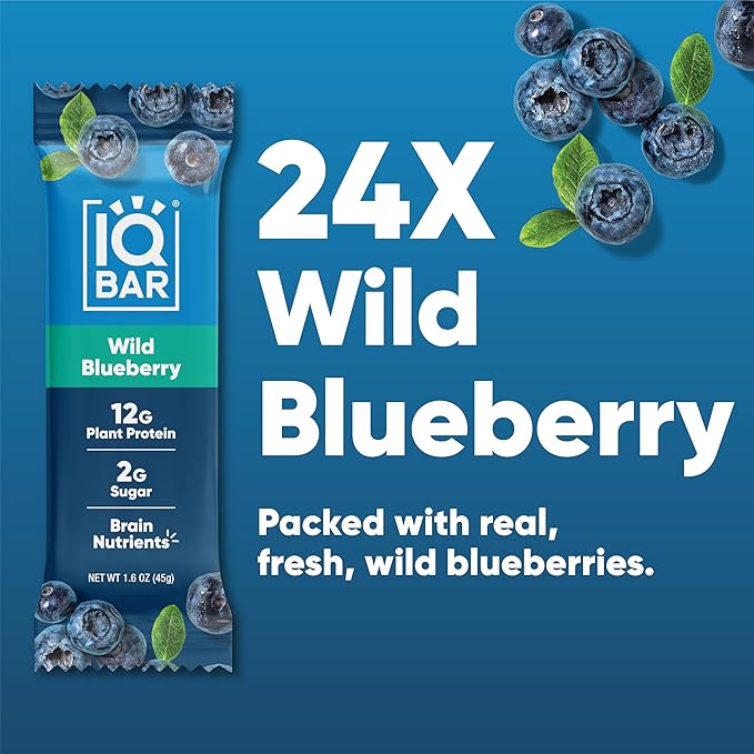 IQBAR Clean Plant Protein Bars - Wild Blueberry - 24 Count - Keto, Vegan, High Fiber, Gluten and Dairy Free, Low Sugar Snack - Brain and Body Nutrients for Focus, Energy, Meal Replacement