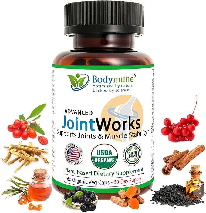 Bodymune JointWorks – Organic Joint & Muscle Support Supplement – Promotes Mobility, Flexibility & Comfort – 66 Capsules (2-Month Supply) – USDA Organic, Vegan, Gluten-Free, Non-GMO