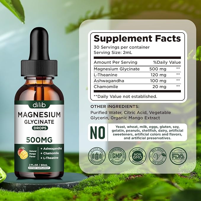 Magnesium Glycinate Liquid Drops Supplement, with Magnesium Glycinate 500mg Ashwagandha, L - Theanine, Chamomile -Support Stress Relief, Bone, Muscle, Mood Mango Flavor 2Pack