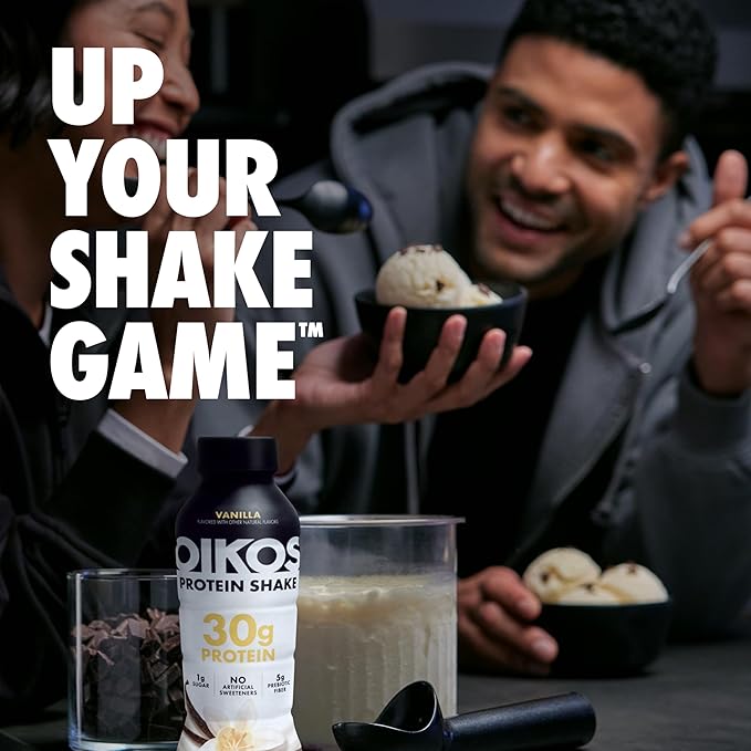 Oikos Protein Shake, Chocolate, 30g High Protein Drinks, Shelf Stable, Ready to Drink, 5g Prebiotic Fiber, 12 fl oz Bottle, 4 Count