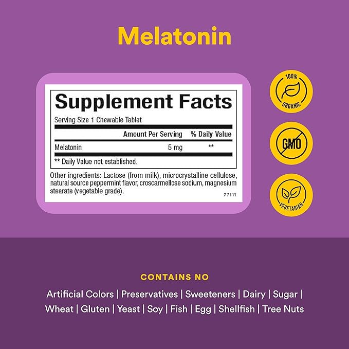 Stress-Relax Melatonin 5 mg by Natural Factors, Natural Sleep Aid, Resets the Sleep-Wake Cycle, 180 chewable tablets (180 servings), Peppermint Flavor