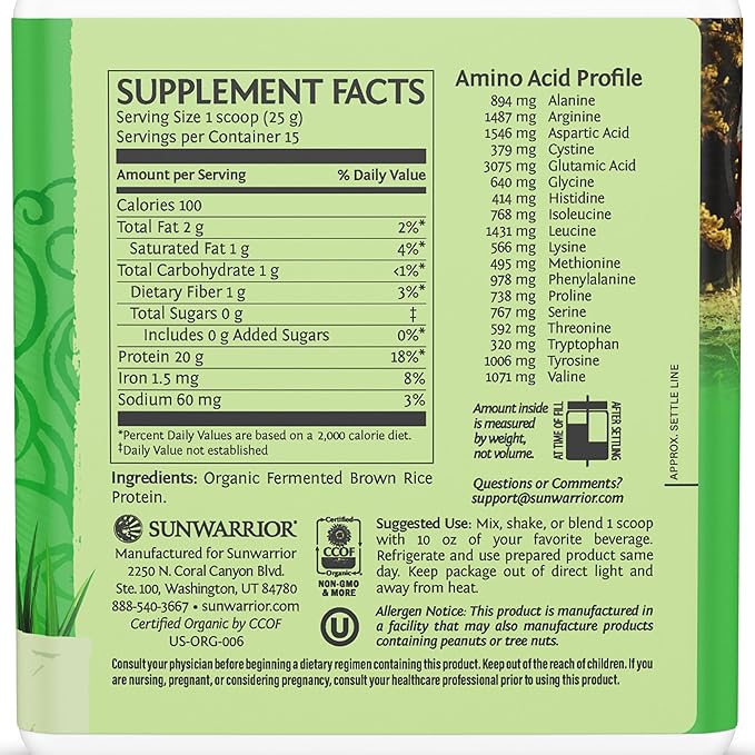 Sunwarrior Brown Rice Protein Powder with Bcaa & Amino Acids Raw Rice Protein Shake Gluten Free Low Carb Dairy Free | Plant Based Classic Sprouted Brown Rice Protein Powder Natural 750g