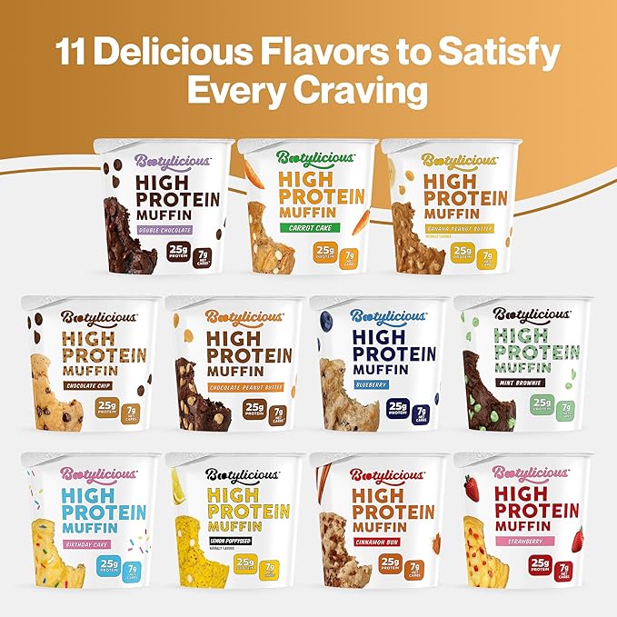 Bootylicious | 25g Protein Muffin | Chocolate Chip | Low Carb, 16g Fiber, Low Glycimic Index, Low Sugar, 2.39oz Cup, 12-Pack