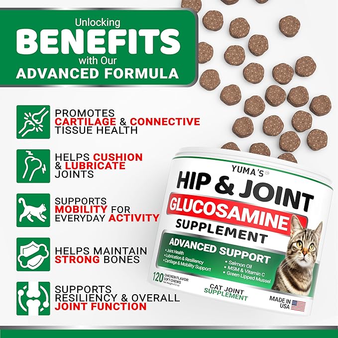 YUMA'S Cat Hip and Joint Health Supplement Chews – Advanced Glucosamine for Cats – MSM, Chondroitin & Omega-3 Salmon Oil – Supports Mobility, Joint Pain Relief, Cat Vitamins for Indoor & Outdoor Cats