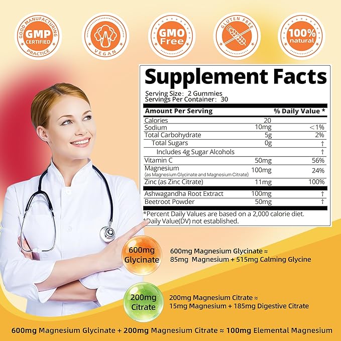 90 Count Magnesium Glycinate Gummies w/Ashwagandha Supplement - Sugar Free Zinc Magnesium Glycinate Supplement Ashwagandha Gummies for Adults