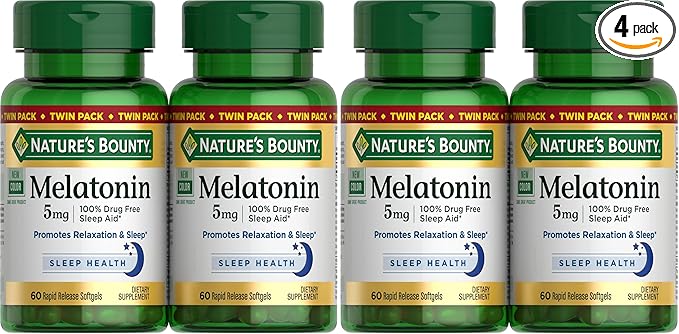 Nature's Bounty Melatonin 5mg, 100% Drug Free Sleep Aid, Dietary Supplement for Relaxation and Sleep Health - 4 Month Supply, 60 Rapid Release Softgels Twin Pack (120ct) (Pack of 2)