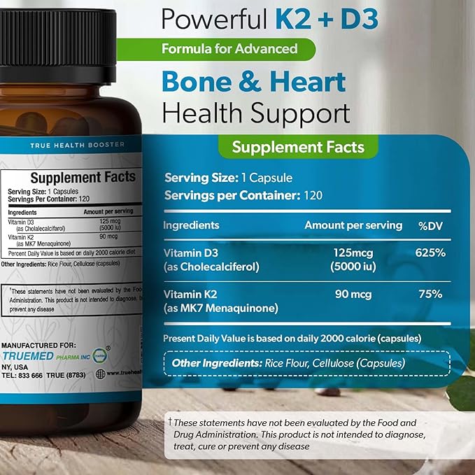 Vitamin D3 K2 5000 IU (MK-7 90 mcg) Supplement – 120 Veg Capsules – K2 D3 Vitamin Supplement for Bone, Heart & Immune Support & Calcium Absorption- Non-GMO, Gluten Free - Made in USA