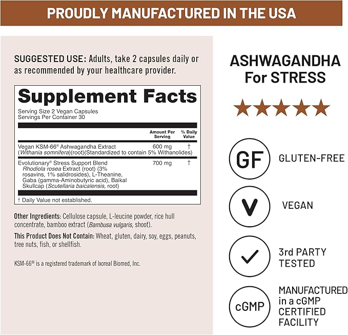 NatureWise Ashwagandha for Stress - With KSM-66 Extract, GABA, L-Theanine, Rhodiola Rosea - Herbal Mood & Sleep Support - Vegan, Non-GMO, Gluten-Free - 60 Capsules[1-Month Supply]