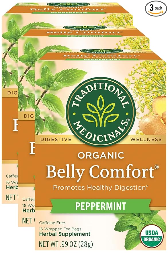 Traditional Medicinals Organic Belly Comfort Peppermint Herbal Tea, Promotes Healthy Digestion, (Pack of 3) - 16 Tea Bags