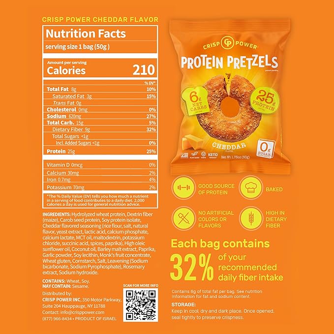CRISP POWER Protein Pretzels, NEW Cheddar, 25G Protein, High Protein Snack, High Fiber, Low Carb Crunchy Pretzel Snacks, No Added Sugar, 1.75 oz Bags, 6 Pack, Vegan, Keto