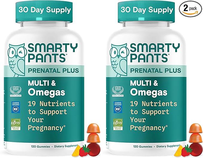 SmartyPants Prenatal Multivitamin Gummies, Omega 3 (DHA/EPA), Methylfolate, Biotin, Vitamin D3, C, Vitamin B12, B6, A, K & Zinc, Gluten Free, 120 Count (40 Day Supply) (Pack of 2)