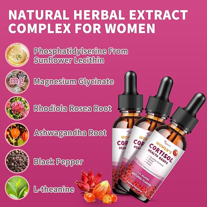 Cortisol Supplements for Women Liquid Drops, Natural Herbal Extract Complex for Women, Maintain Healthy Cortisol Levels - 90 Day Vegan Supply