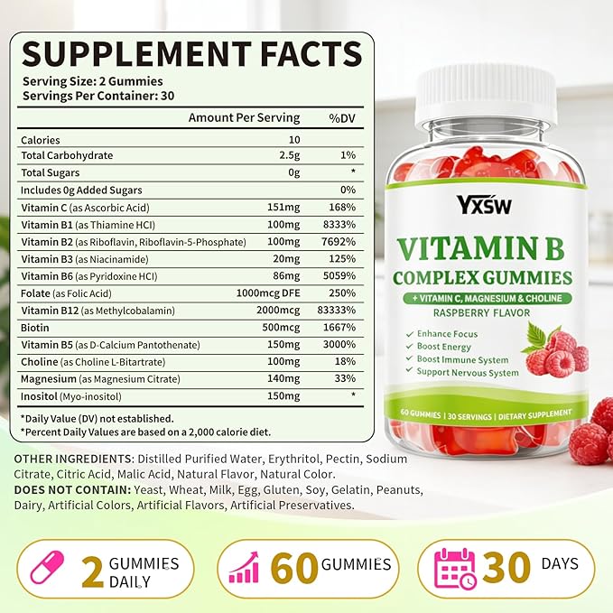 Vitamin B Complex Gummies for Women & Men - Vitamin B12, B1, B2, B3, B5 & B6 -B Complex Vitamin Supplements with Vitamin C,Magnesium & Choline, Raspberry Flavor, 120 Count