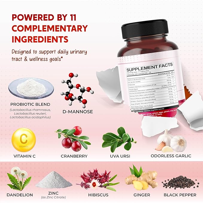 D-Mannose with Cranberry, Probiotics & Uva Ursi – All-in-1 Supplement for Urinary Tract & Bladder Health - 75 Servings
