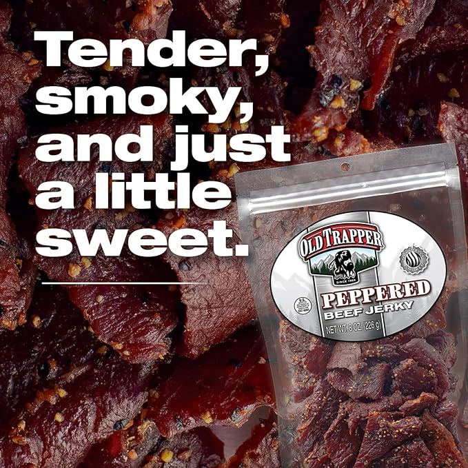 Old Trapper Beef Jerky, Peppered 8 Ounce Pack, Spicy Meat Snacks for Lunches or Between Meals, 11 Grams of Protein, Zero Grams of Fat, and 70 Calories per Serving (Pack of 2)