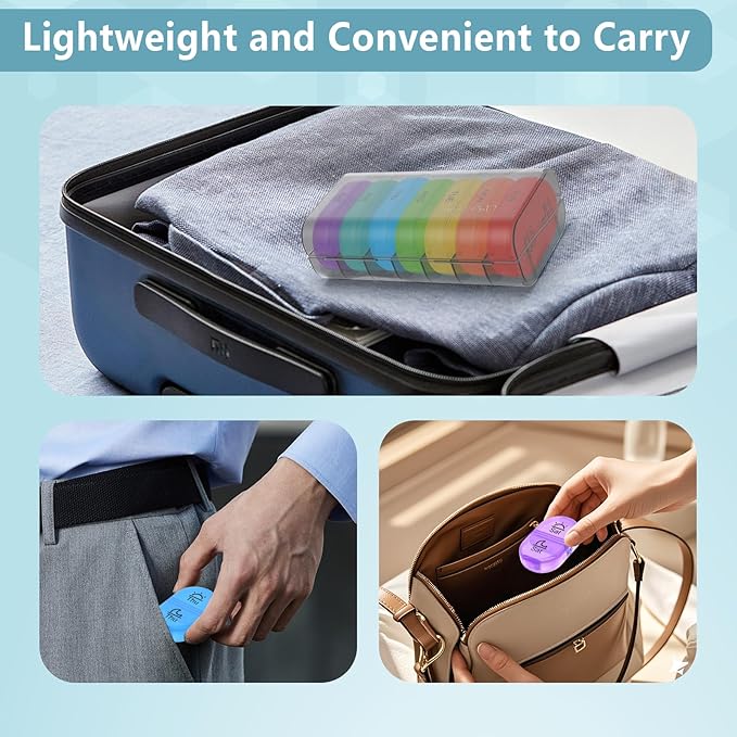 Serfeymi Weekly Pill Organizer 2 Times a Day Travel Medicine Pill Organizer AM PM Pill Box 7 Day with Protection Pill Case Daily Medication Organizer For Vitamins, Fish Oil-Black Case+Rainbow Pill box