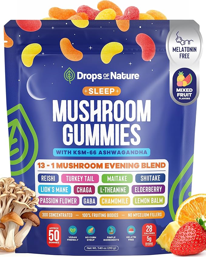 Drops Of Nature Mushroom Sleep Gummies Melatonin-Free – Ashwagandha L Theanine Elderberry Lions Mane Turkey Tail Lemon Balm GABA – Nighttime Mushroom Superfood Blend (Mixed Fruits, 50 Gummies)