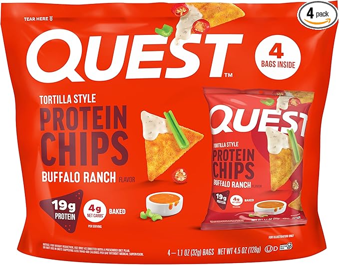 Quest Nutrition Tortilla Style Protein Chips, Buffalo Ranch, 19g of Protein, 4g Net Carbs, Gluten Free Protein Snack, 1.1 Ounce, 4 count