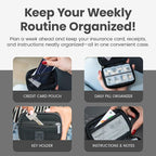Made Easy Kit Pill Case for Everyday and Travel - 7-Day Weekly Medicine Supplement Vitamin Organizer Sorter Tracker - Neoprene Bag with Pockets - Compact Portable 8 Compartments (Black)