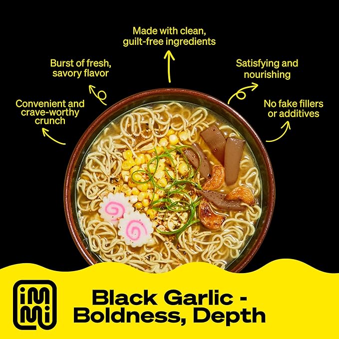 immi Black Garlic “Chicken” Ramen – Bold Flavor, Chewier Noodles & High Protein – Vegan, Keto-Friendly Ramen Noodles – Low Carb, Zero Sugar – Healthy Plant-Based Ramen Bowl, 6-Pack