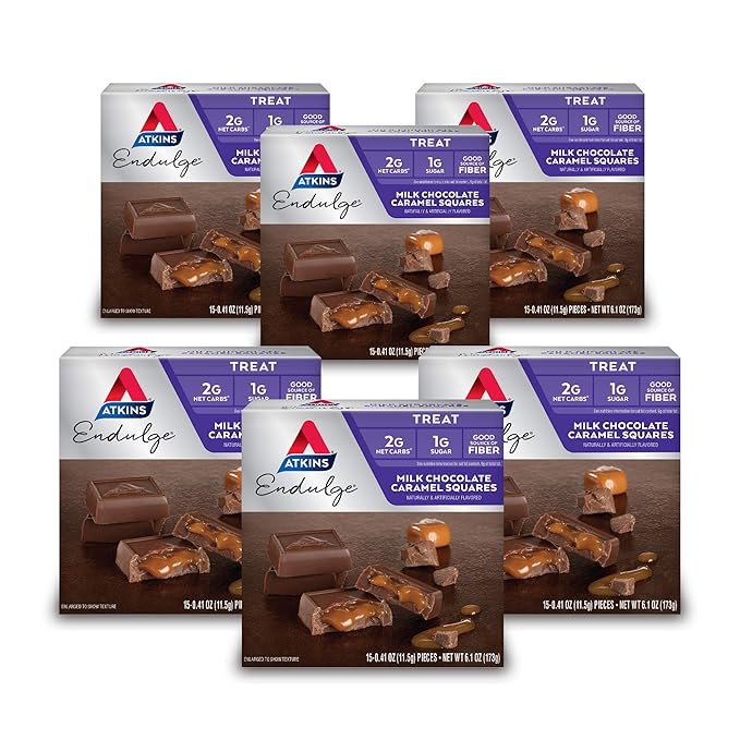 Atkins Endulge Milk Chocolate Caramel Squares, Dessert Favorite, Good Source of Fiber, 1g Sugar, 90 Count