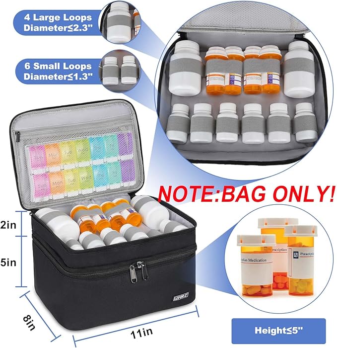 LEFOR·Z Medicine Storage Bag,Double Layers Pill Bottle Organizer Bag Empty with Lockable Zipper&Adjustable Divider,Medication Travel Carrying Bag for Pills,Vitamins,Medical Supplies