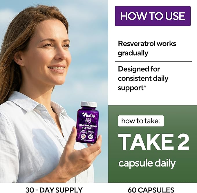 VitaUp Trans-Resveratrol Supplement – 98% Purity USA Made Resveratrol Capsules 600mg - Standardized to 98% Trans-Resveratrol – Antioxidant for Healthy Aging & Energy Support – 60 Caps