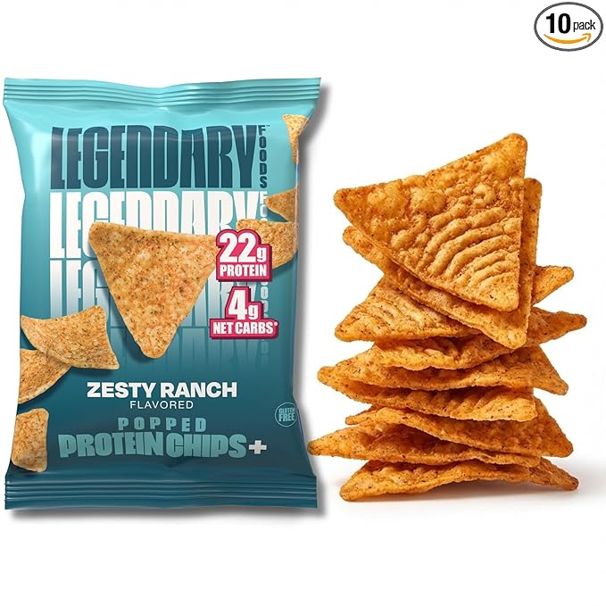 Legendary Foods Zesty Ranch Protein Chips – Popped Tortilla Style – 22g High Protein, 4g Net Carbs, Low Sugar, Gluten Free, Keto Snack Packs – 10 Count – Healthy Crunchy Chips