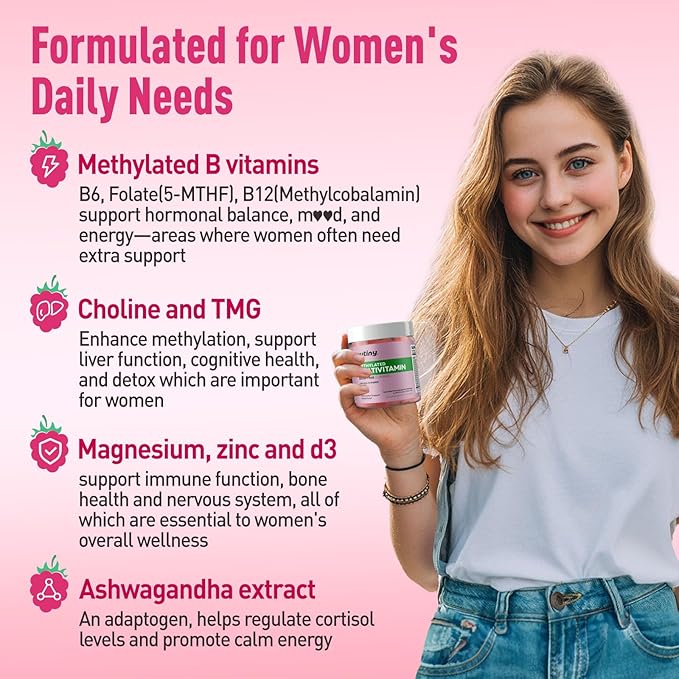 Methylated Multivitamin for Women Gummies, Methyl B Complex Vitamins with D3 Zinc Choline TMG for Energy & Nervous System, Vegan, Sugar Free, 60 Count