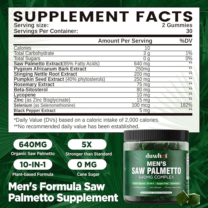 duwhot Saw Palmetto Gummies for Men, Organic Saw Palmetto with Pumpkin Seed Oil for Men Overall Health, Enhanced with Pygeum, Nettle, Sugar-Free, Vegan, 60 Chewables