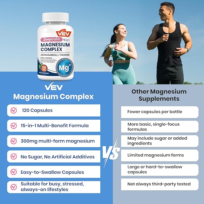 VEV DeepCalm Magnesium Complex for Women – 15-in-1 Glycinate & Citrate Capsules with Ashwagandha & L-Theanine – 120 Vegan Capsules
