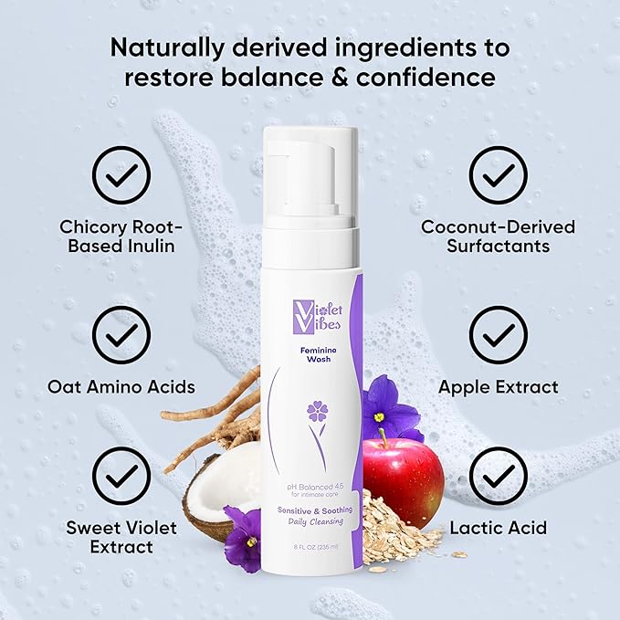 Violet Vibes Ultra-Gentle Feminine Wash | pH-Balancing, Nourishing, Odor-Control for Intimate Areas & Sensitive Skin | Daily Women Hygiene Essential | Infused w/Plant-Based Extracts | Unscented