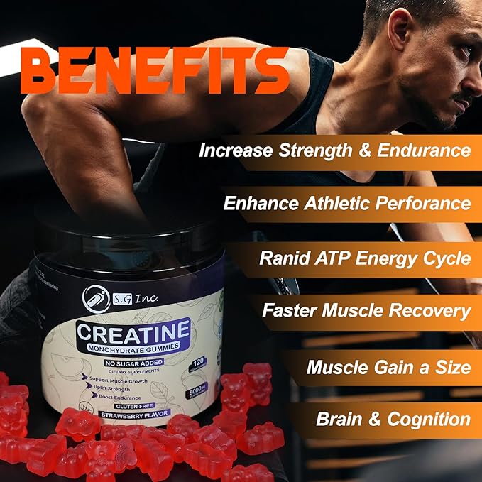 S.G Creatine Monohydrate Gummies for Men & Women ‒ Sugar Free - Vegan - 5g Creatine for Muscle Support ‒ Pre-Work Out Chewable Supplements for Energy Boost ‒ Strawberry Flavored 120ct Gummies.