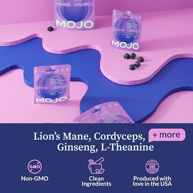 Mojo Focus Gummies w/Lion’s Mane, Panax Ginseng, Ginger Root, Cordyceps, Brain Supplement Memory/Focus Support Adults Nootropic Mushroom Gummies, Blueberry Lavender, Regular Strength (1 Pack)