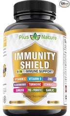 9-in-1 Immune Support Vitamin C (1000mg), Vitamin D3 (5000 IU), Zinc(22mg) with Elderberry, Turmeric, Echinacea, Ginger, Garlic and Pre+Pro-Biotic per Serving (120 caps per Bottle - 2 Month Supply)
