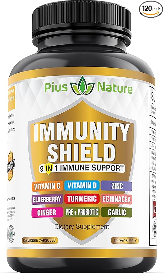 9-in-1 Immune Support Vitamin C (1000mg), Vitamin D3 (5000 IU), Zinc(22mg) with Elderberry, Turmeric, Echinacea, Ginger, Garlic and Pre+Pro-Biotic per Serving (120 caps per Bottle - 2 Month Supply)