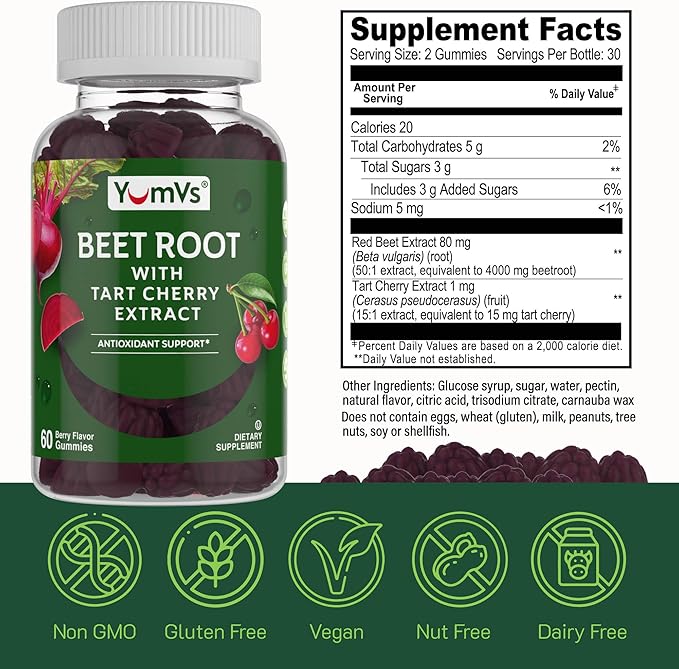 YUM-V'S Beet Root Gummies with Tart Cherry Extract - Berry Flavor Beetroot Gummies - Beet Chews for Blood Circulation and Antioxidant Support - Red Beets Gummies (Berry 60 Count (Pack of 1)