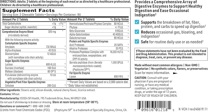 Klaire Labs SFI Health Vital-Zymes Chewable Digestive Enzymes for Adults & Kids - Enzymes for Digestion - Cherry-Flavored - May Help Reduce Occasional Gas, Bloating & Indigestion (180 Chewables)