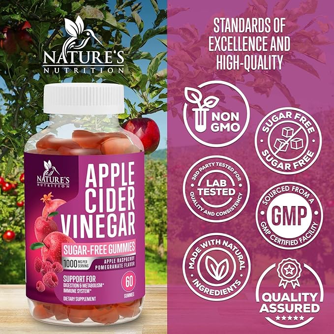 Apple Cider Vinegar Gummies 1000mg per Serving - Sugar Free Max Strength ACV Gummy Vitamins Supplement, Advanced Formula, Vitamin B12 Supports Metabolism & Energy, Keto Friendly, Vegan, 60 Gummies