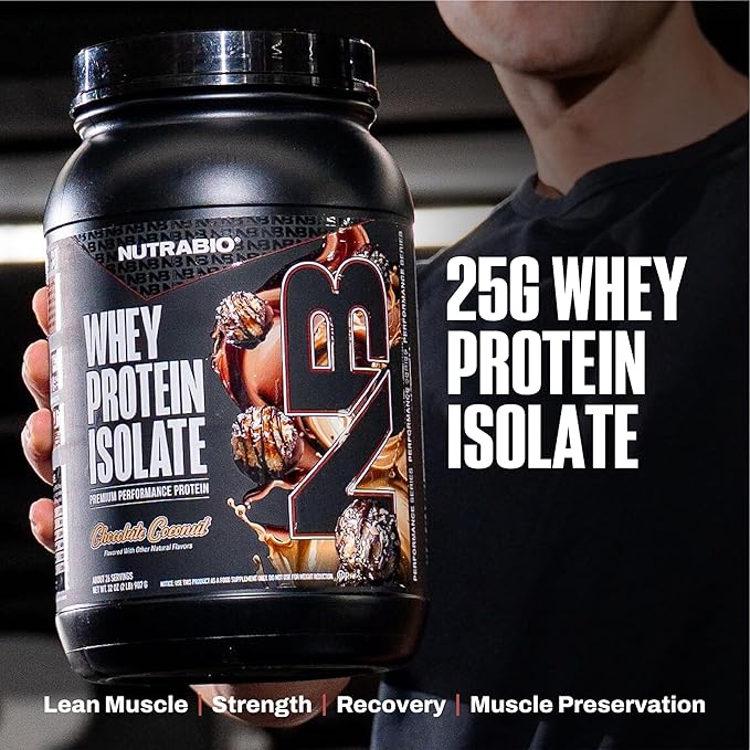 NutraBio 100% Whey Protein Isolate Protein Powder, 25g Protein with Complete Amino Acid Profile, Non-GMO, Soy & Gluten Free, Low Carb, Low Calorie Whey Protein Powder, Chocolate Coconut, 2 Lbs