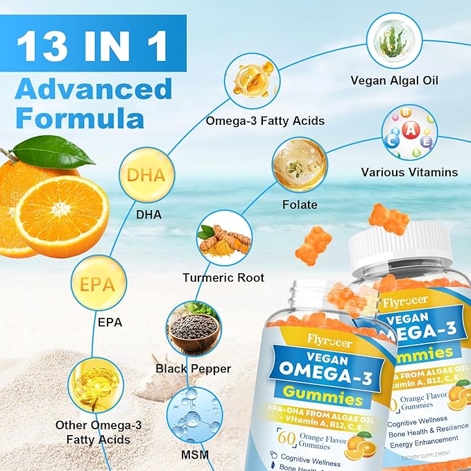 Vegan Omega 3 Gummies - Algal Oil Omega 3 Supplement with DHA, EPA & 10 Essential Vitamins, Fish Oil Alternative - Support Brain, Eye & Immunity for Adults, Orange Flavor, 120 Count