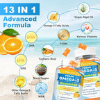 Vegan Omega 3 Gummies - Algal Oil Omega 3 Supplement with DHA, EPA & 10 Essential Vitamins, Fish Oil Alternative - Support Brain, Eye & Immunity for Adults, Orange Flavor, 60 Count